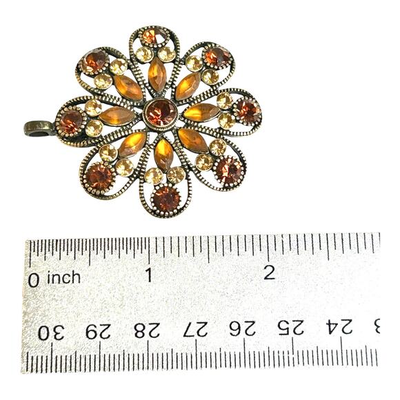 Orange and Amber Tones Ornate Round Brass Gold Tone Pendant - Picture 4 of 4